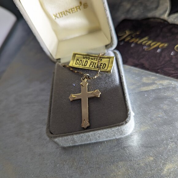 Antique Cross Necklace KIRNER's 12k Gold Filled Religious Faith Statement Signed - Picture 1 of 16